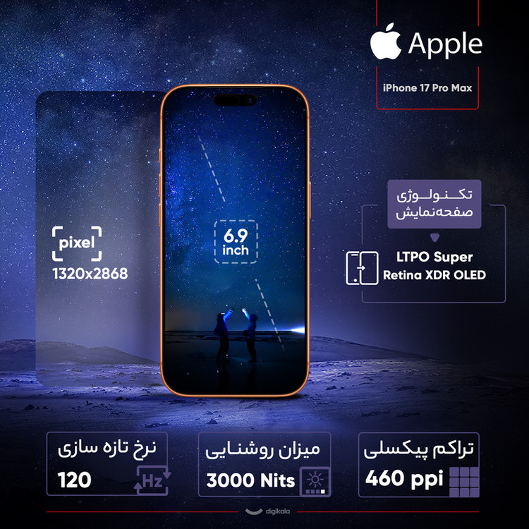 گوشی موبایل اپل iPhone 17 Pro Max ZAA تک سیمکارت + eSIM ظرفیت 256 گیگابایت رم 12 گیگابایت نات اکتیو، رجیستر شده با گارانتی